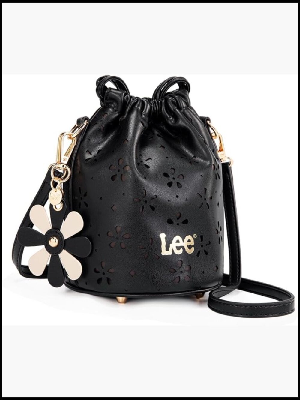 Drawstring Bucket Crossbody Purse with Adjustable Strap Hollow Out Floral